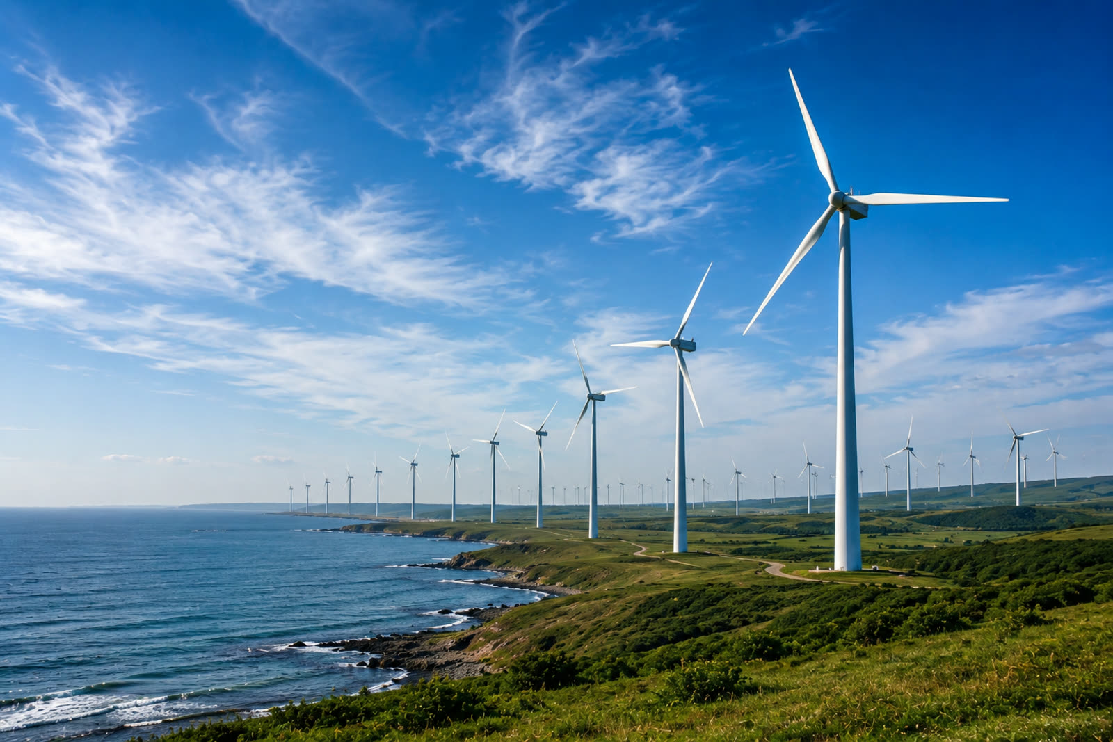 Wind turbines under a blue sky